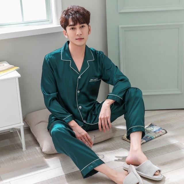 Satin Silk Pajamas Long For Men Autumn Sleepwear Male Pajama Set Soft Nightgown For Men Pyjamas Sleep Lounge Big Size M-3XL