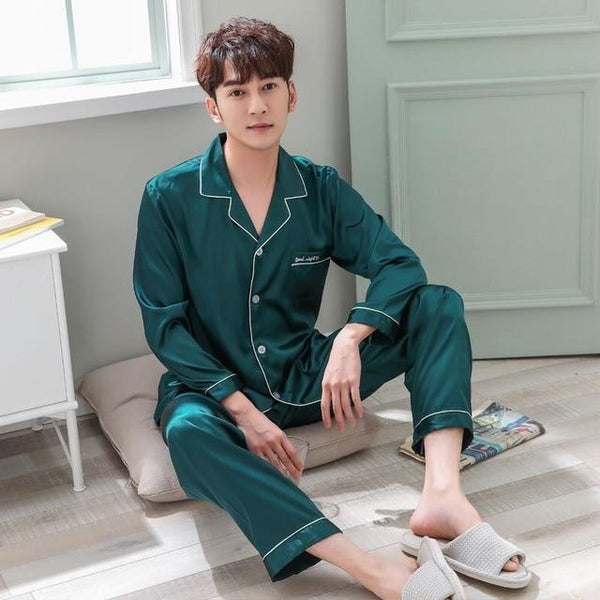 Satin Silk Pajamas Long For Men Autumn Sleepwear Male Pajama Set Soft Nightgown For Men Pyjamas Sleep Lounge Big Size M-3XL