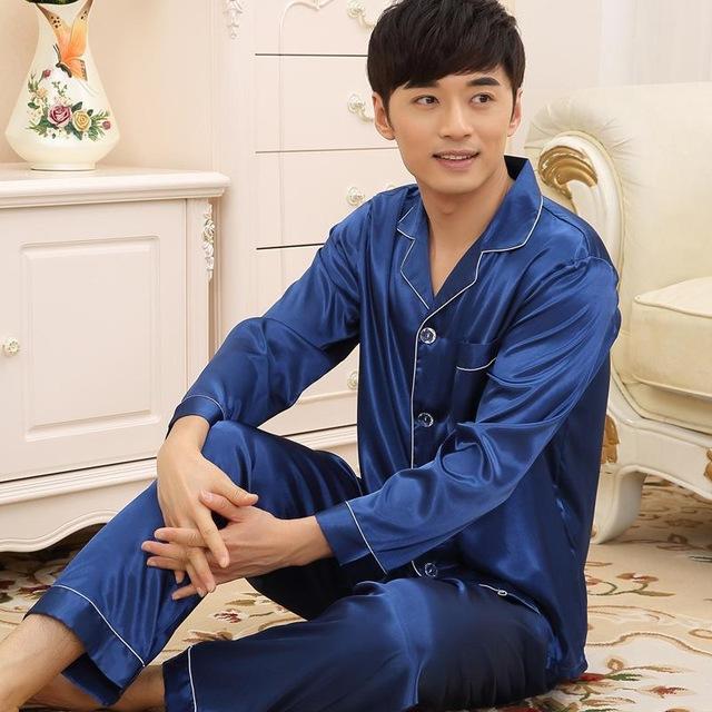 2019 Spring Male Long Sleeve 2PCS Sleepwear Plus Size 3XL Men Pajamas Set Silky Satin Pijamas Suit Casual Nightwear Home Wear