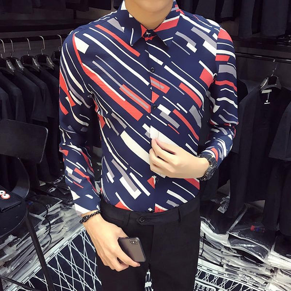 Fashion 2018 Men Shirt Long Sleeve Slim Fit Digital Print Tuxedo Shirt Mens Casual Plus Size Night Club Party Dress Shirts 5XL-S