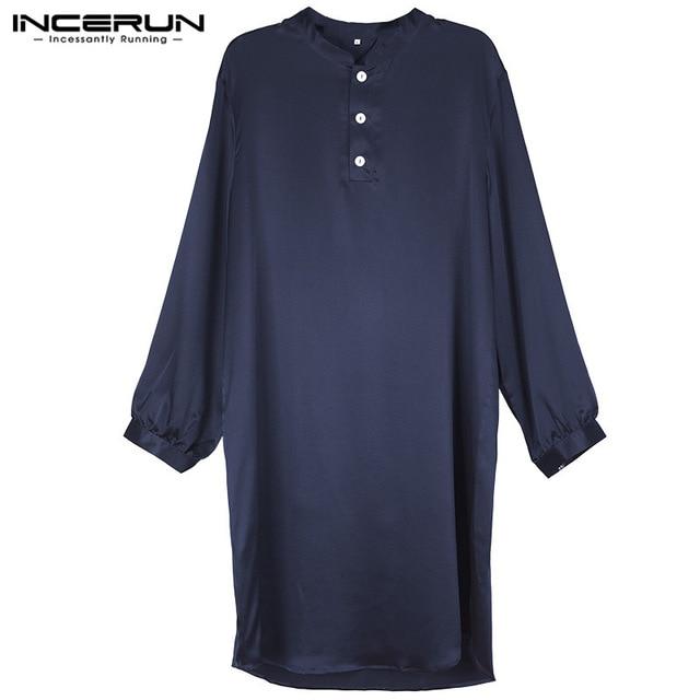 Nightgown Men Robe Pajamas Silk Satin Long Sleeve Bathrobe Lounge Arabe Kurtas Dress Shirt Gown Masculina Islamic Men Clothes