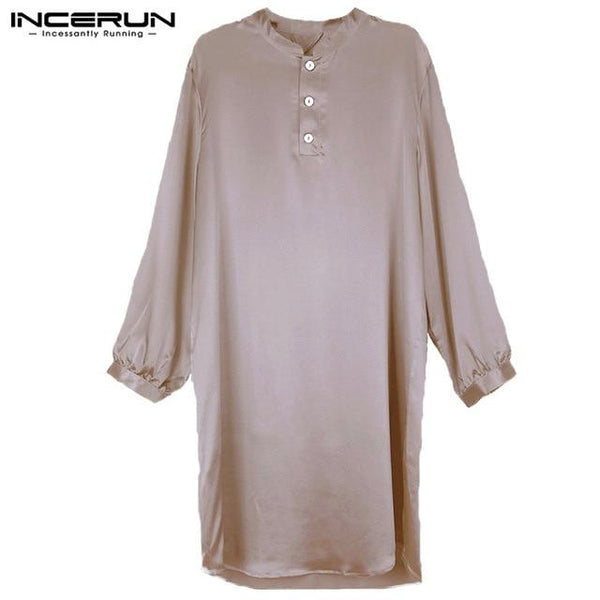 Nightgown Men Robe Pajamas Silk Satin Long Sleeve Bathrobe Lounge Arabe Kurtas Dress Shirt Gown Masculina Islamic Men Clothes