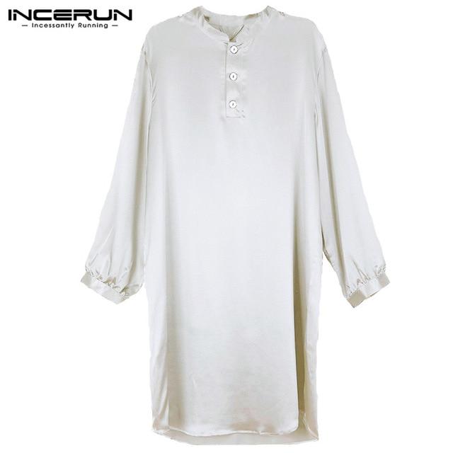 Nightgown Men Robe Pajamas Silk Satin Long Sleeve Bathrobe Lounge Arabe Kurtas Dress Shirt Gown Masculina Islamic Men Clothes