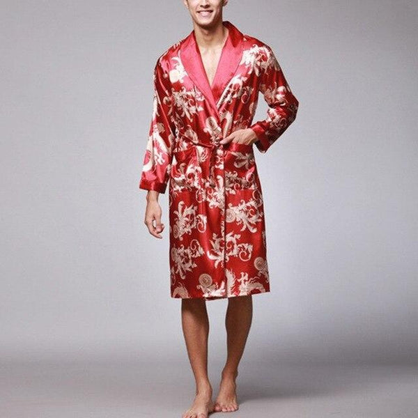 Stylish Mens Robe Long Sleeves Bathrobe Silk Kimono Lucky Dragon Print Pajamas Night Dressing Gown Masculina Bathrobe Homewear