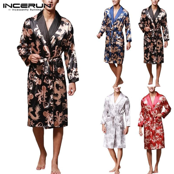 Ethnic Mens Robe Long Sleeves Bathrobe Silk Kimono Chinese Lucky Dragon Print Pajamas Bathrobe Night Dressing Gown Masculina