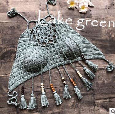 2018 Tassel Crochet Knitted Halter Slim Bikini Tops maillot de bain femme Swimwear Bathing Suit Women Swimsuit