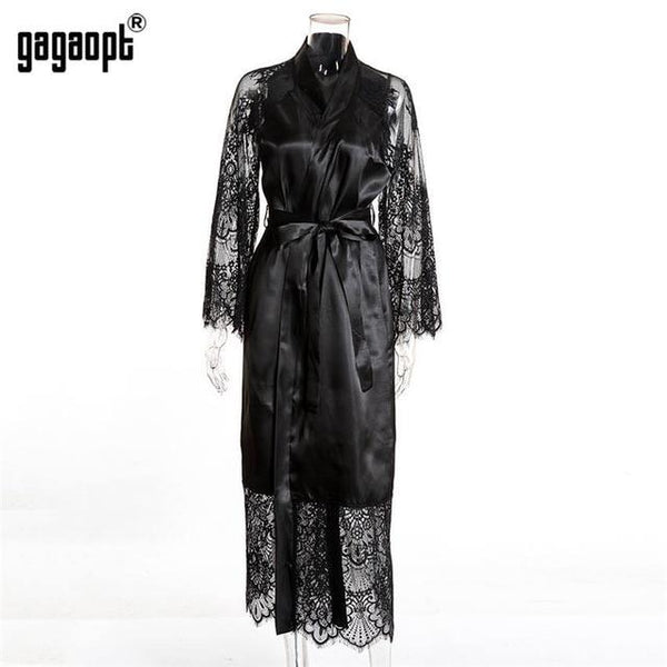 Gagaopt 2019 Spring 3 Colors Lace Nightgowns Women Long Sleeve Fashion Sexy Nightgowns With Belt Sleepwear