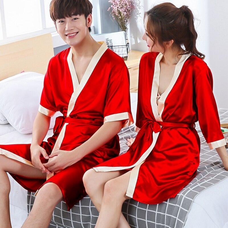 Spring autumn couples ice silk nightgown mens sleepwear sexy nightdress summer thin women's short sleeved robe