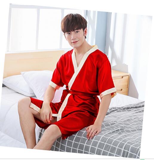 Spring autumn couples ice silk nightgown mens sleepwear sexy nightdress summer thin women's short sleeved robe