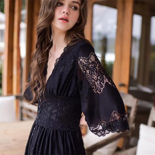Lisacmvpnel Long Style Lace Sexy Women Nightdress Deep V Outwear Sleepwear