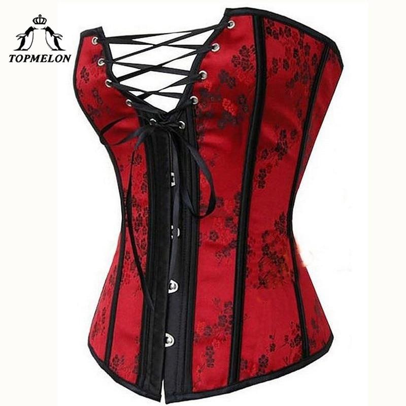TOPMELON Sexy Corset Women Steampunk Bustier Gothic Corselet Red Bandages Hollow Out Floral Boned Club Shows Party Corset Tops