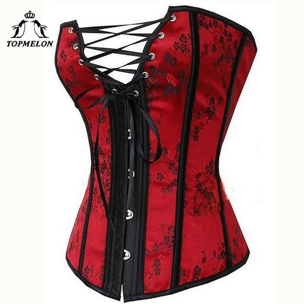 TOPMELON Sexy Corset Women Steampunk Bustier Gothic Corselet Red Bandages Hollow Out Floral Boned Club Shows Party Corset Tops
