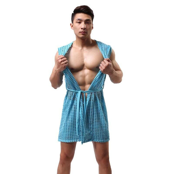 Men Sexy Fishnet Transparent Hooded Bathrobe Fashion Brand 2019 Gay Long Bath Robe Nightgowns