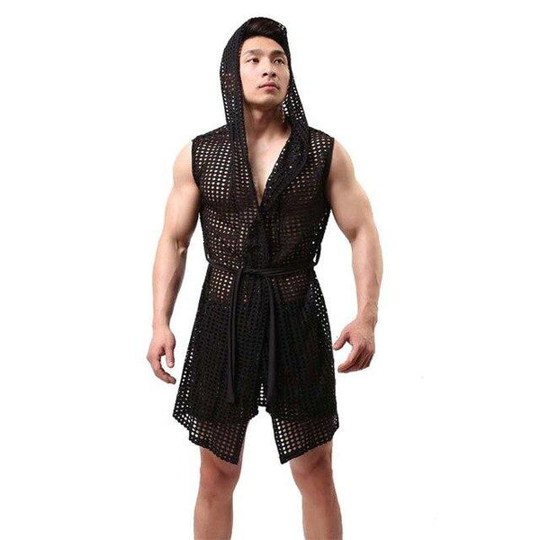 Men Sexy Fishnet Transparent Hooded Bathrobe Fashion Brand 2019 Gay Long Bath Robe Nightgowns