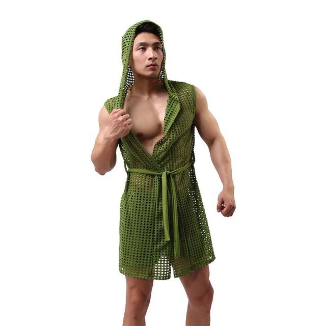 Men Sexy Fishnet Transparent Hooded Bathrobe Fashion Brand 2019 Gay Long Bath Robe Nightgowns