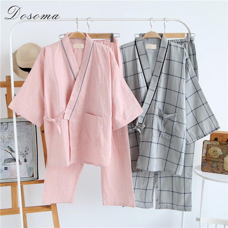 Japanese Men's Yukata Kimono Robes Pajamas Sets Couples Dress Cotton Pants Nightgown Sleep Bathrobe Leisure Wear Traditional