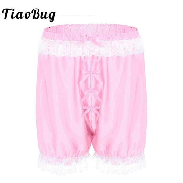 TiaoBug Men Lace Soft Sissy Lingerie Cross-dress Panties Shorts Bloomers Lightweight Loose Lounge Short Pants Sexy Gay Nightwear