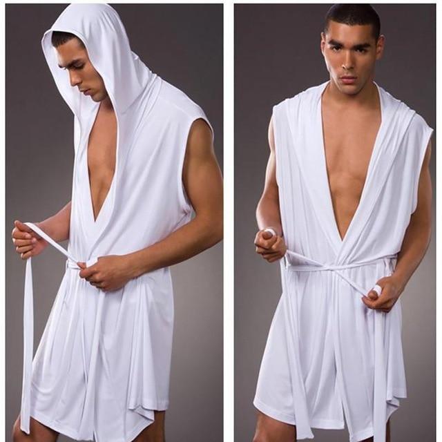 Men's Nightgown Sexy Ice Silk Summer Autumn Slim Hooded Sleeveless Nightgown Male Robes Sleepwear #115
