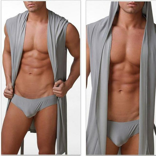 Men's Nightgown Sexy Ice Silk Summer Autumn Slim Hooded Sleeveless Nightgown Male Robes Sleepwear #115