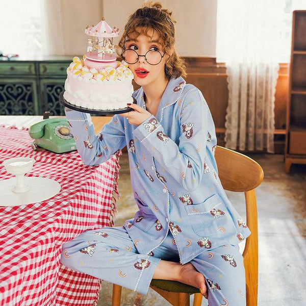 Sexy Two-piece Women's Pajama Sets Pure Cotton Long Sleeve Loose Pants Sleepwear Female Pyjama Nightgowns Sleep Lounge Plus Size