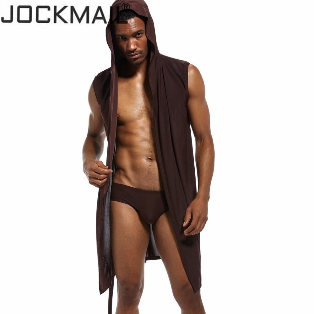 Sexy Men Underwear Ice Silk Robe Gown Male Bathrobe Nightgown Men's Sleeveless Hooded Robes peignoir homme kimono men briefs Gay