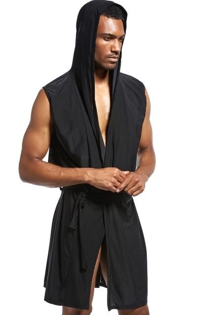 Sexy Men Underwear Ice Silk Robe Gown Male Bathrobe Nightgown Men's Sleeveless Hooded Robes peignoir homme kimono men briefs Gay