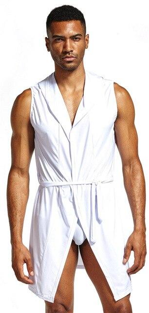 Sexy Men Underwear Ice Silk Robe Gown Male Bathrobe Nightgown Men's Sleeveless Hooded Robes peignoir homme kimono men briefs Gay