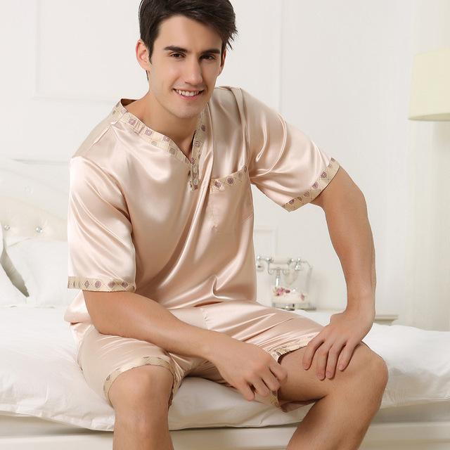 Satin Silk Pajamas Shorts For Men Rayon Silk Sleepwear Summer Male Pajama Set Soft Nightgown For Men Pyjamas