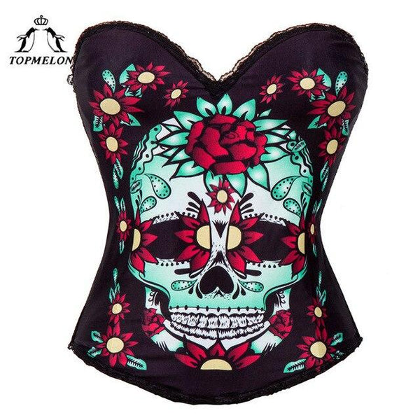 TOPMELON Skeleton Bustier Punk Style Gothic Corset Skull Pattern Top for Women Lace Decorated Black Tummy Control Corsets