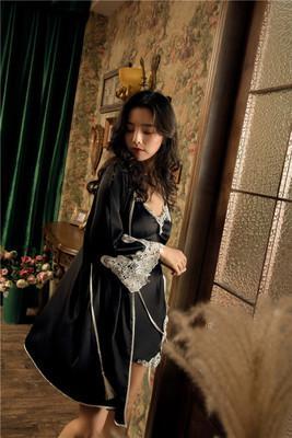 Sleepwear Set Satin Nightgown Long Women Morning Gown Silk Sleep Set 408