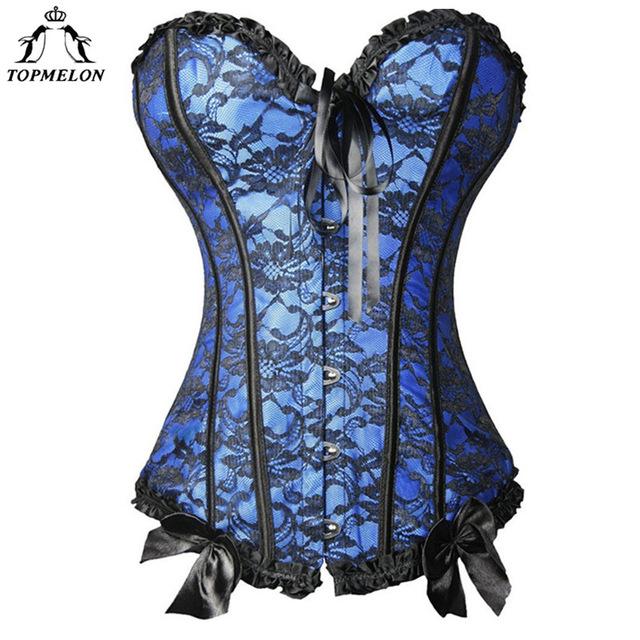 TOPMELON Steampunk Waist Trainer Corset Bustier Gothic Corselet Corset Women Modeling Strap Lace Bow Floral Party Show Club Tops