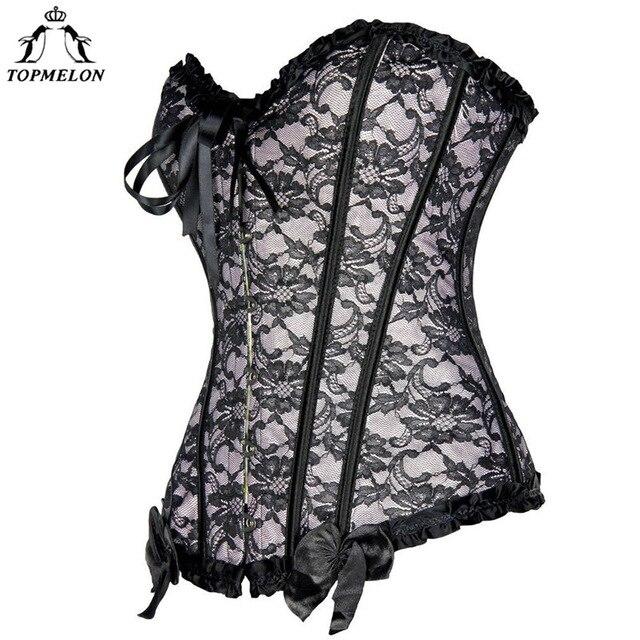 TOPMELON Steampunk Waist Trainer Corset Bustier Gothic Corselet Corset Women Modeling Strap Lace Bow Floral Party Show Club Tops