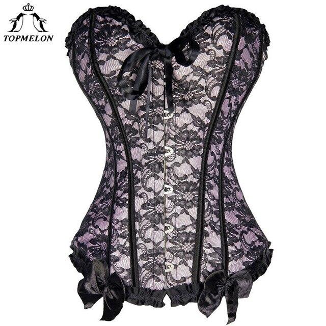 TOPMELON Steampunk Waist Trainer Corset Bustier Gothic Corselet Corset Women Modeling Strap Lace Bow Floral Party Show Club Tops