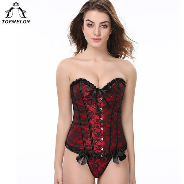 TOPMELON Steampunk Waist Trainer Corset Bustier Gothic Corselet Corset Women Modeling Strap Lace Bow Floral Party Show Club Tops