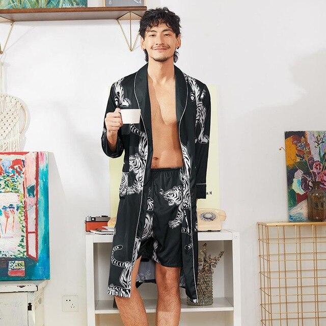 Chinese Men Satin Robe Casual Kimono Bath Gown Sleepwear Nightgown Rayon Long Sleeve Print Tiger Home Dress Sleep Wear Pajamas