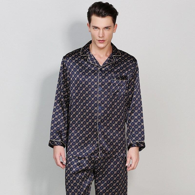 CEARPION Men Long Sleeve Sleepwear 100% Silk Pajamas Suit Casual Home Wear Men Comfortable 2PCS Shirt+Pant Nightwear Nightgown