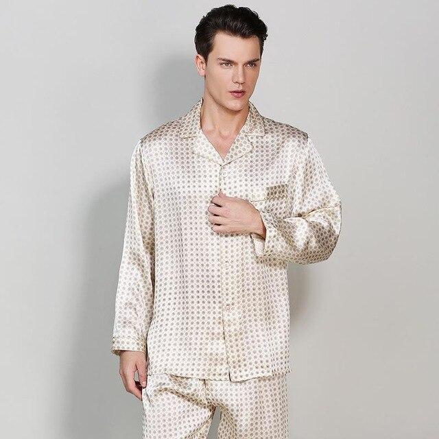 CEARPION Men Long Sleeve Sleepwear 100% Silk Pajamas Suit Casual Home Wear Men Comfortable 2PCS Shirt+Pant Nightwear Nightgown