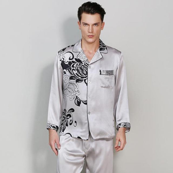 CEARPION Men Long Sleeve Sleepwear 100% Silk Pajamas Suit Casual Home Wear Men Comfortable 2PCS Shirt+Pant Nightwear Nightgown