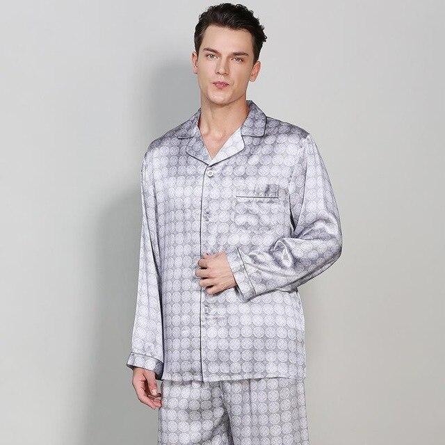 CEARPION Men Long Sleeve Sleepwear 100% Silk Pajamas Suit Casual Home Wear Men Comfortable 2PCS Shirt+Pant Nightwear Nightgown