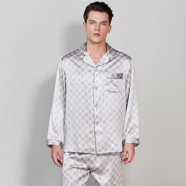 CEARPION Men Long Sleeve Sleepwear 100% Silk Pajamas Suit Casual Home Wear Men Comfortable 2PCS Shirt+Pant Nightwear Nightgown