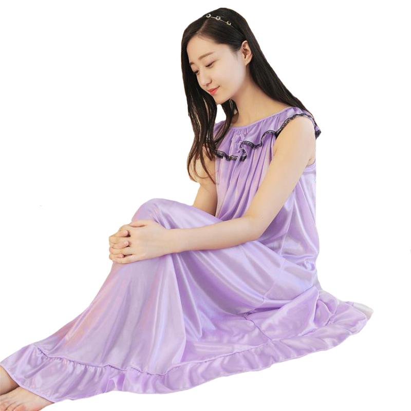 Female Summer Long Nightgown Ice Silk Nightwear Sleeveless Sexy Night Shirt Solid Loose Sleepwear Casual Night Dress Negligee