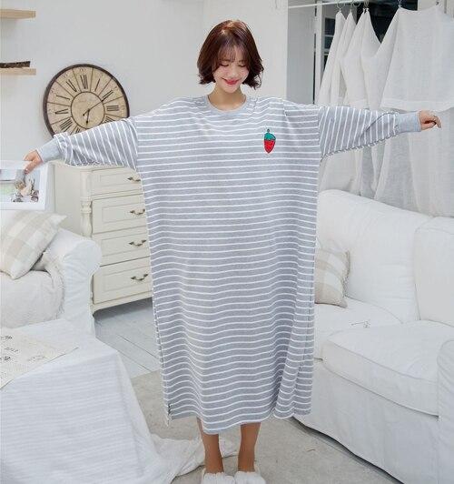 Jinsen Aite Cotton Women Nightgowns Spring Autumn Long Sleeve Casual Loose Striped Large Size Comfortable Sleepwear Dress JS735
