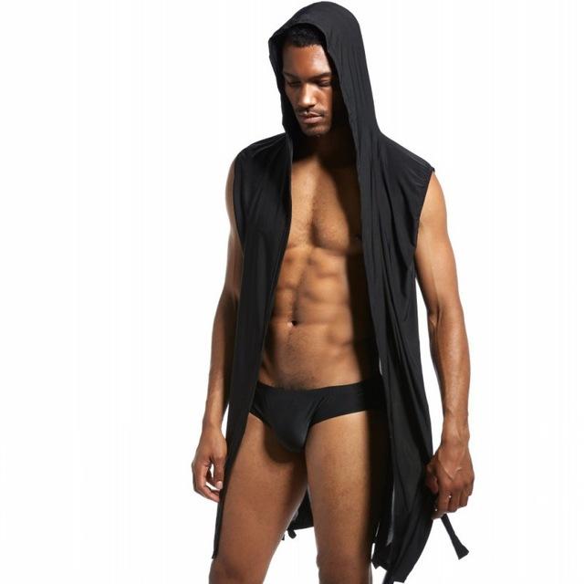 Men's bathrobe ice silk hooded szlafrok pajamas sexy badjas kimono men bathrobe man's gown roupao peignoir homme solid sleepwear