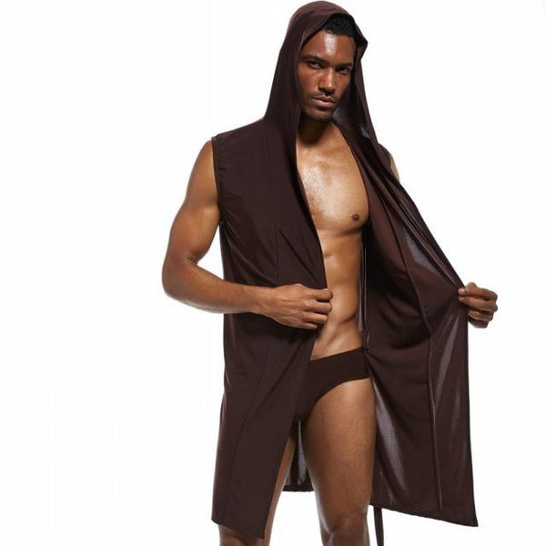 Men's bathrobe ice silk hooded szlafrok pajamas sexy badjas kimono men bathrobe man's gown roupao peignoir homme solid sleepwear