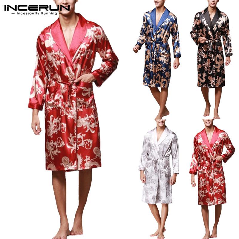 INCERUN 2019 Men Robes Nightgown Bathrobe Faux Silk Long Sleeve Chinese Dragon Print Pajamas Sleepwear Kimono Men Long Homewear