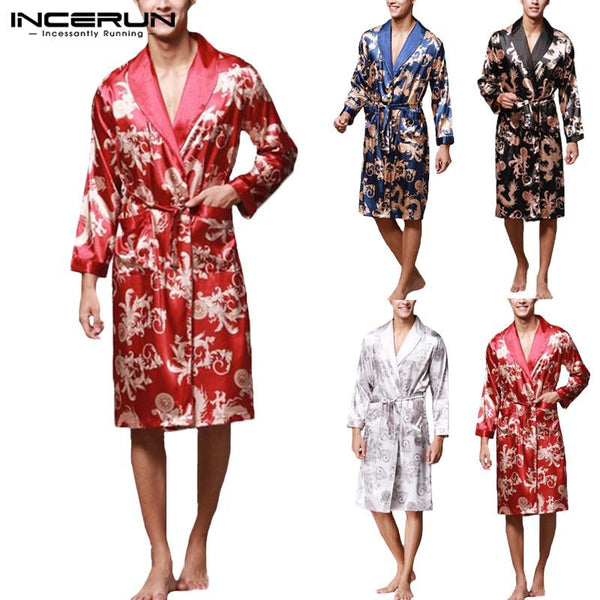 INCERUN 2019 Men Robes Nightgown Bathrobe Faux Silk Long Sleeve Chinese Dragon Print Pajamas Sleepwear Kimono Men Long Homewear