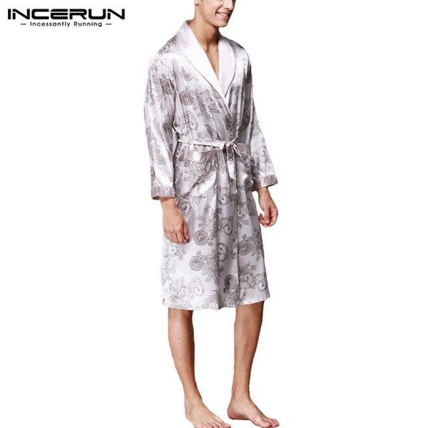 INCERUN 2019 Men Robes Nightgown Bathrobe Faux Silk Long Sleeve Chinese Dragon Print Pajamas Sleepwear Kimono Men Long Homewear