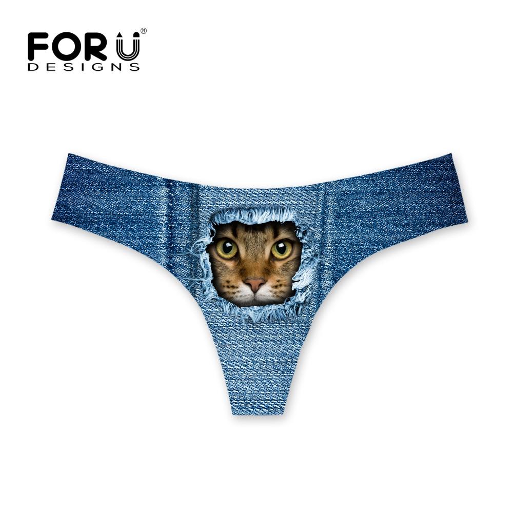 FORUDESIGNS Brazilian Bikini Bottoms Thong Swimsuit Cute Denim Cat Design G-string Sexy Swimwear Shorts Women Tankini Swimsuits
