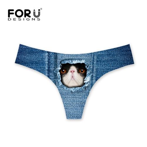 FORUDESIGNS Brazilian Bikini Bottoms Thong Swimsuit Cute Denim Cat Design G-string Sexy Swimwear Shorts Women Tankini Swimsuits