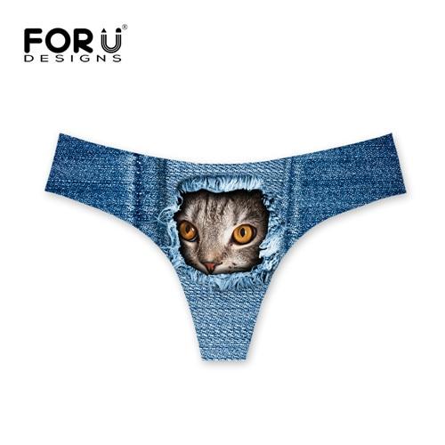 FORUDESIGNS Brazilian Bikini Bottoms Thong Swimsuit Cute Denim Cat Design G-string Sexy Swimwear Shorts Women Tankini Swimsuits